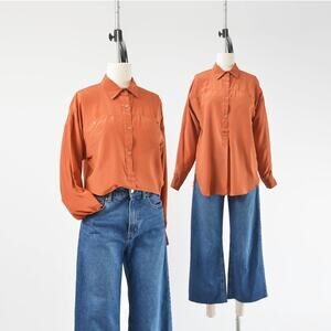 Vintage 80s Terracotta Brown Silk Collared Blouse Deadstock XS S
